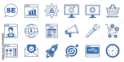 Wallpaper Mural Website Design & Development Icon Set – Flat Blue-Themed UX/UI, SEO, Hosting & E-commerce Icons Torontodigital.ca