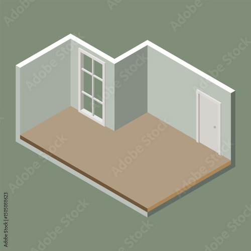 Isometric illustration of an empty room interior featuring a wooden floor, window, and door. Clean design ideal for architectural and interior concepts.