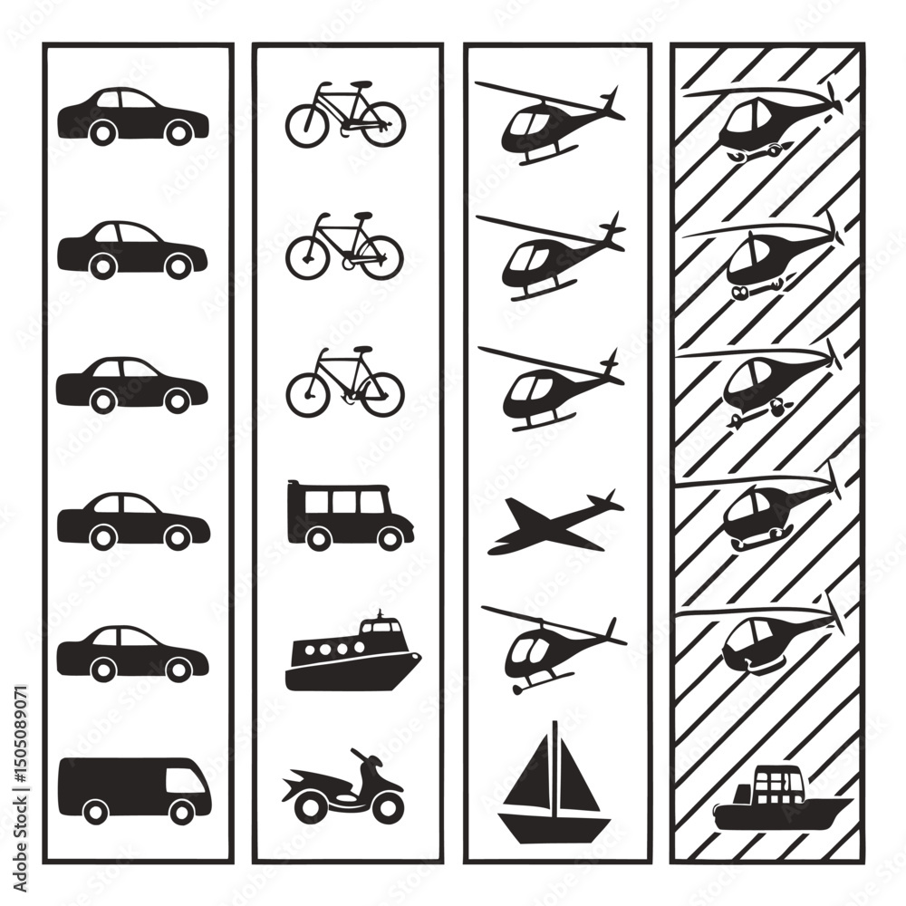 Naklejka premium Black and White Transportation Icons: Cars, Bikes, Aircraft, and Boats