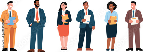 Diverse Business Professionals Standing Together Holding Documents, Corporate Team in Formal Office Attire, Multicultural Businesspeople, Workplace Collaboration Concept, Flat Vector Illustration