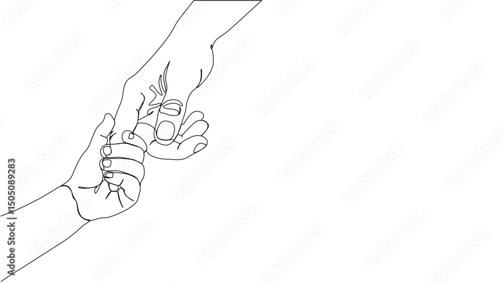 Fototapeta premium One continuous line drawing of parent and baby holding hands. Line drawing of father holding child’s hand, single line vector illustration.