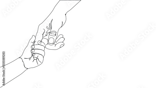 One continuous line drawing of parent and baby holding hands. Line drawing of father holding child’s hand, single line vector illustration.