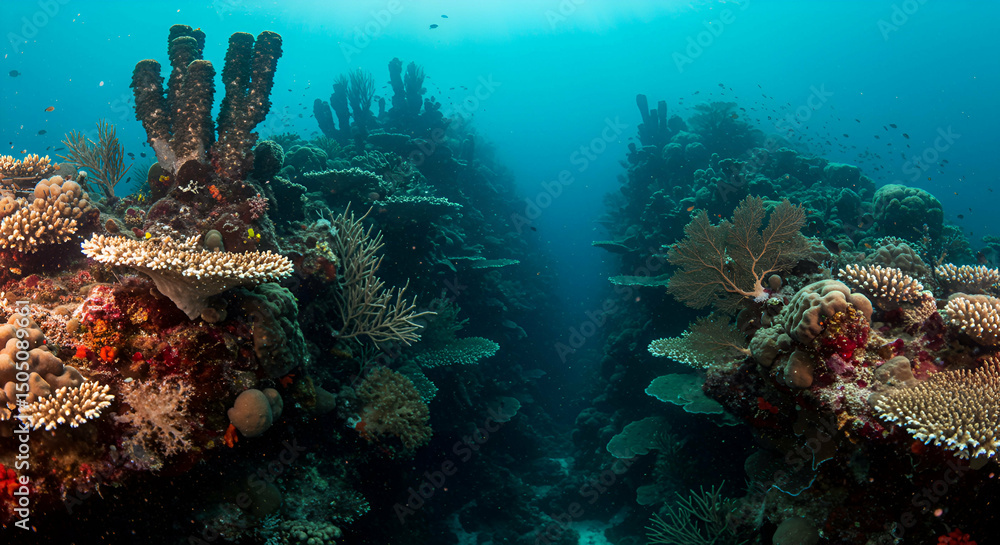 Fototapeta premium Vibrant underwater scene showcasing a diverse coral reef ecosystem and marine life