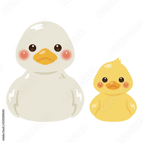 お座りしたアヒルとヒナのイラストセット