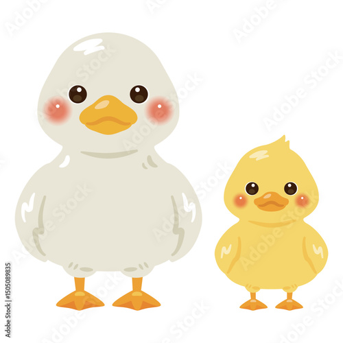正面から見たアヒルとヒナのイラストセット