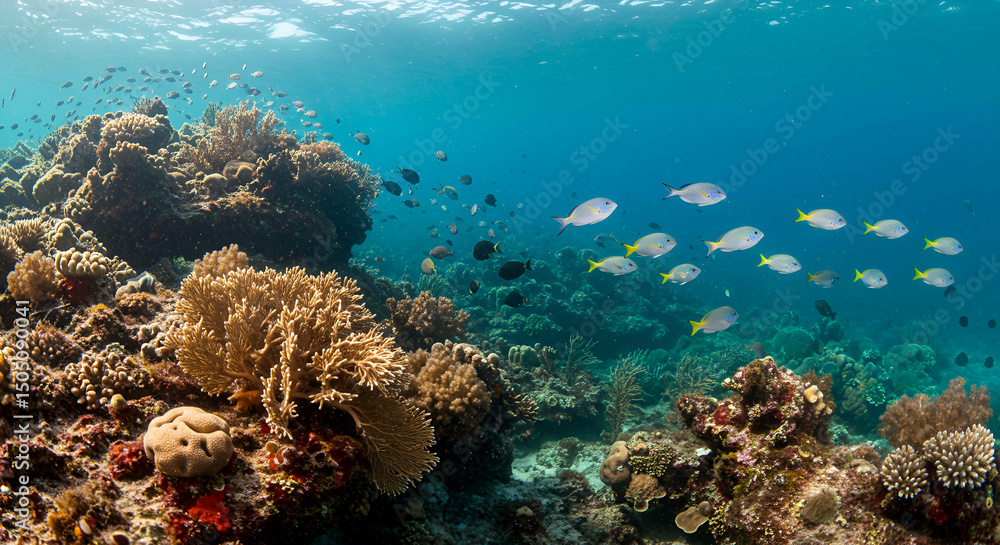 Fototapeta premium Underwater paradise: A vibrant coral reef teeming with colorful fish and marine life