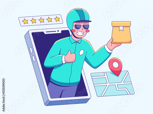 Happy delivery man with package from phone screen showing map and five stars rating.