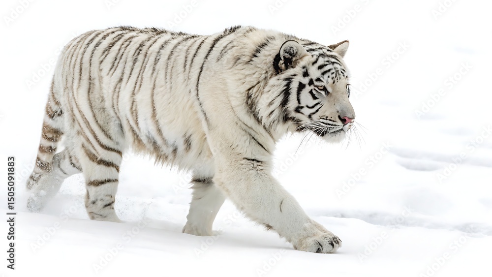 Obraz premium In a serene winter scene, a powerful white tiger with piercing eyes and a pink nose walks purposefully through the snow, leaving delicate paw prints behind.