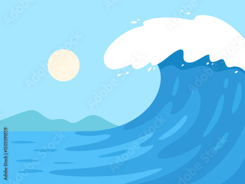 The wave's towering crest rises, showcasing the strength and beauty of the ocean's power with the sun setting in the background.