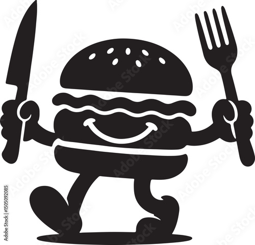 Silhouette vector of a burger with a chef’s knife and fork, representing gourmet dining and food preparation. Perfect for restaurant branding.