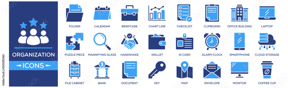 Naklejka premium Organization icon set. Containing design Folder, Calendar, Briefcase, Chart Line, Team. Solid icon collection.
