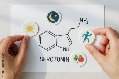Hands holding icons of sun, moon, exercise, and healthy food around a serotonin chemical structure diagram.