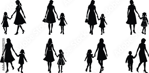 Family mom and children walking and playing together with kids silhouettes set collection.