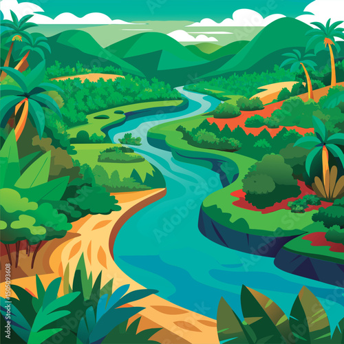 Serene jungle river flows through lush landscape.