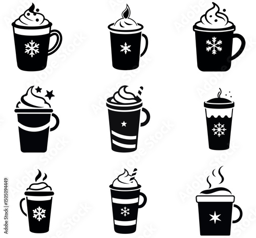 Holiday Coffee Cup Icons with Whipped Cream and Festive Designs