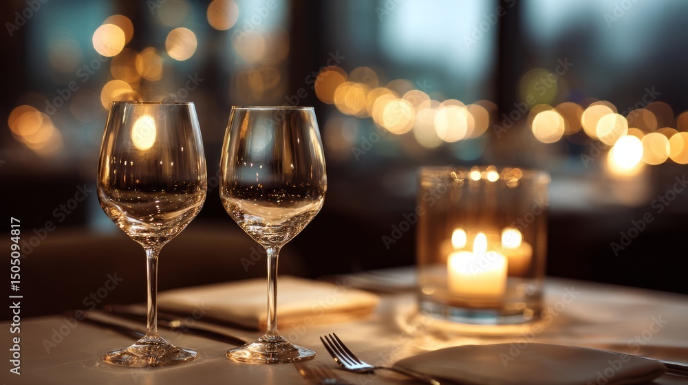 Elegant dinner table with wine glasses and candles, a romantic evening for two
Elegant dinner table with wine glasses and candles, a romantic evening for two