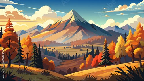 Scenery with trees on the hill bathed in dappled light, showcasing a forested mountain landscape in autumn season. Majestic Borzhava ridge appears in the distance under cloudy sky.