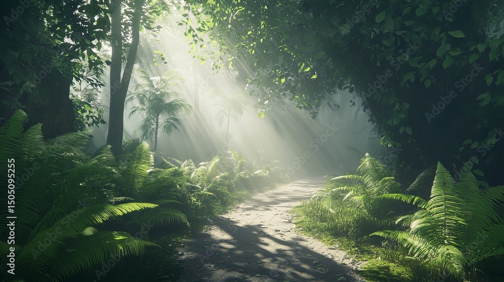 Fototapeta premium A sunlit path through a dense forest with ferns and trees casting shadows on the ground and foliage
