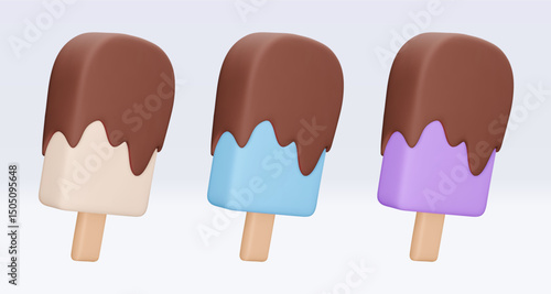 Set Ice cream with chokolate glaze, icon, 3d render. Design elements. Realistic fast food icon. Sweet food. Vector illustration isolated on white for menu, shop, flyer, banner, web, adv, sale