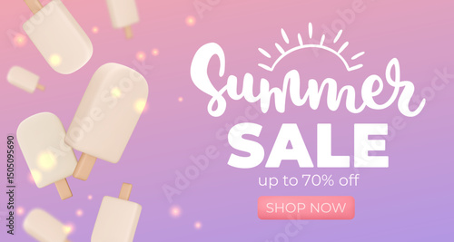 Banner with white vanilla Ice cream on pink background, summer sale, up to 70%, 3d render. Design elements. Realistic sweet food poster. Vector illustration for menu, shop, flyer, web, adv, sale