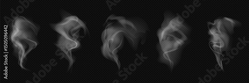 White realistic fire smoke set on dark background. Vector wavy mist, hot food steam, cigarette fume and haze with sky overlay texture. Tea, coffee or water vapor. Nature cloud, fog and chimney flame.