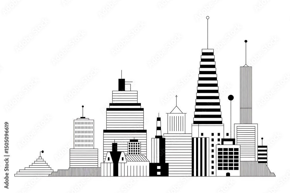 Obraz premium Engraving of a modern city skyline isolated on white background with various buildings