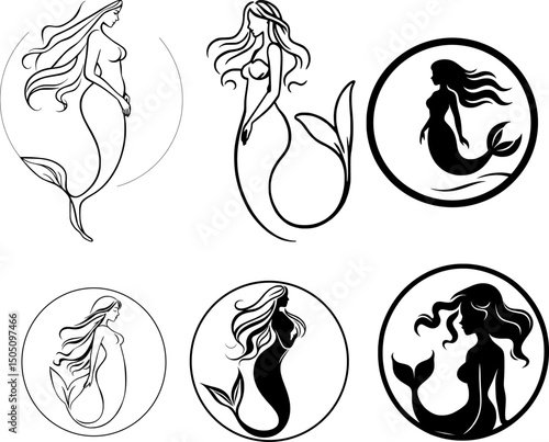 set of vector icons of mermaid in minimalist black and white style