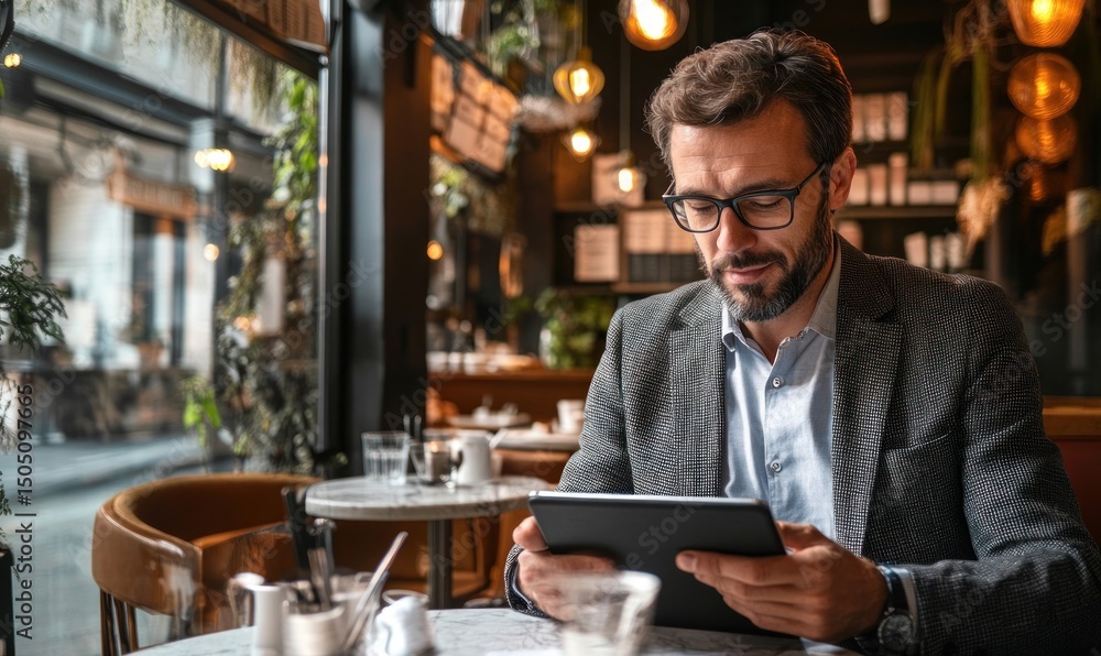 A businessman, relaxed yet focused, working on a tablet in a contemporary coffee shop, surrounded by natural light and a stylish ambiance. A businessman, relaxed yet focused, working on a tablet in a contemporary coffee shop, surrounded by natural light and a stylish ambiance.