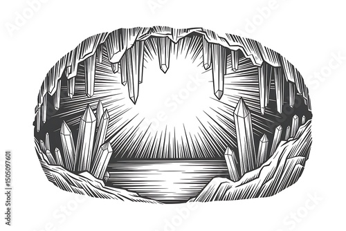 Engraving of a crystal cave with stalactites, stalagmites, and water isolated on white background