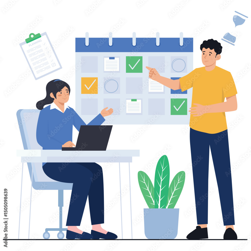 Fototapeta premium Action Plan Illustration. Vector illustration of A seated woman and a standing man review task completion on a digital planning calendar interface. Isolated on background
