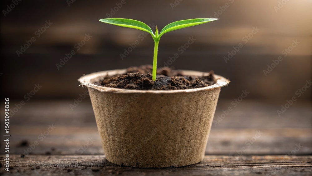 A small green plant emerges from soil in a biodegradable pot, symbolizing growth and sustainability in a natural setting. A small green plant emerges from soil in a biodegradable pot, symbolizing growth and sustainability in a natural setting.
