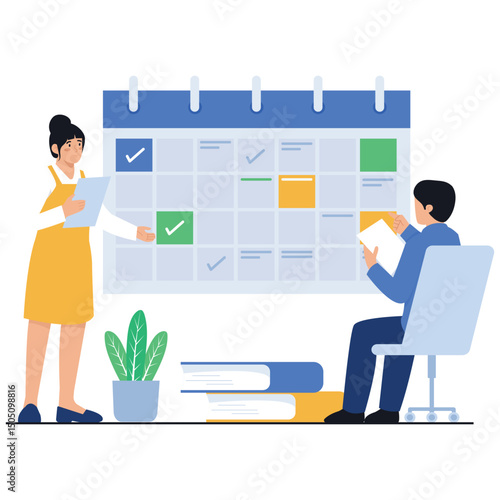 Action Plan Illustration. Vector illustration of Two professionals reviewing weekly schedule tasks on a large calendar to align goals and deadlines. Isolated on background