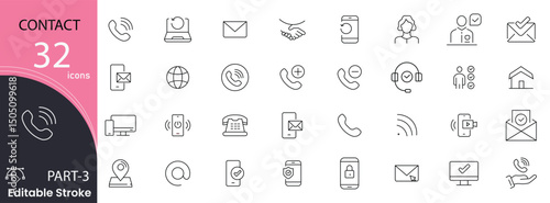 Contact related icons set. Including phone, email, address, communication, message, call, connection, and support. Editable stroke. outline icons.