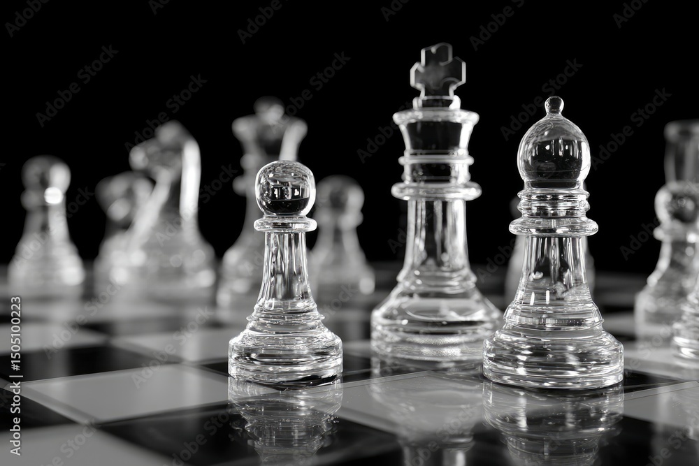 Glass chess pieces on a chessboard, set against a black and white background. The image is high resolution, highly detailed, Glass chess pieces on a chessboard, set against a black and white background. The image is high resolution, highly detailed,