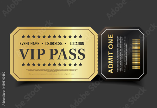 Concert, party or festival gold VIP pass design template admit design template 