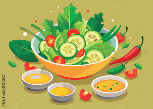 Fresh and vibrant vegetable salad with dressings.