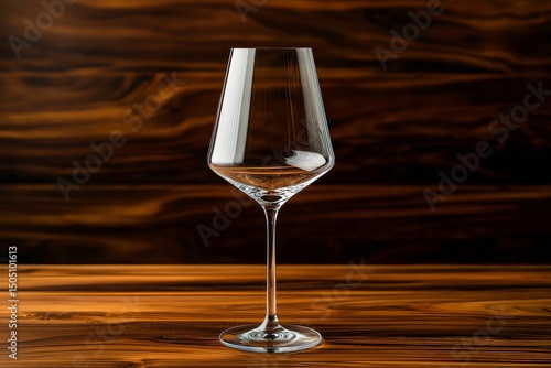 Elegant crystal wine glass with intricate cut patterns on wooden surface, illuminated by warm golden light for a sophisticated ambiance