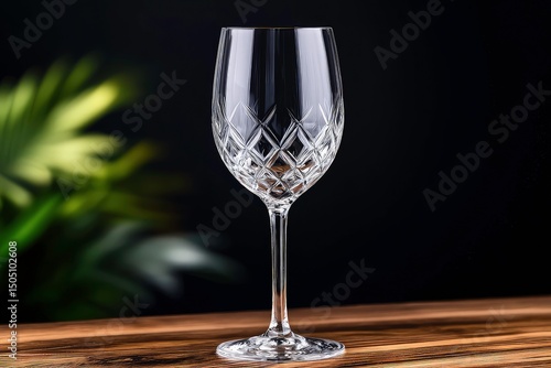 Elegant crystal wine glass with intricate cut patterns on wooden surface, illuminated by warm golden light for a sophisticated ambiance