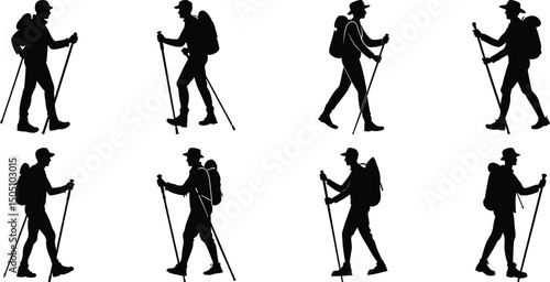 Hiker Silhouettes set. Silhouettes of climbers are isolated on a transparent background. Climber People with backpacks.