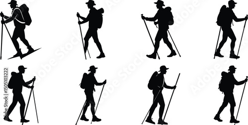Hiker Silhouettes set. Silhouettes of climbers are isolated on a transparent background. Climber People with backpacks.