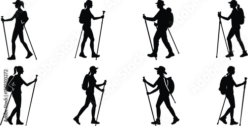 Hiker Silhouettes set. Silhouettes of climbers are isolated on a transparent background. Climber People with backpacks.