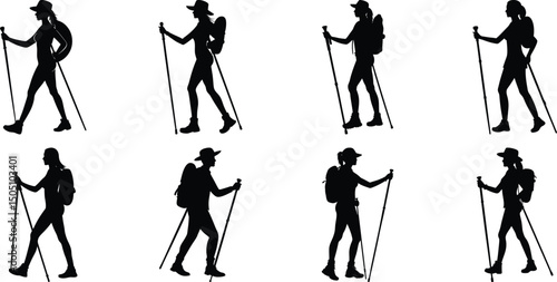 Hiker Silhouettes set. Silhouettes of climbers are isolated on a transparent background. Climber People with backpacks.