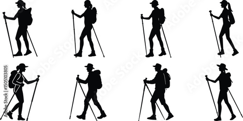 Hiker Silhouettes set. Silhouettes of climbers are isolated on a transparent background. Climber People with backpacks.