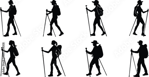 Hiker Silhouettes set. Silhouettes of climbers are isolated on a transparent background. Climber People with backpacks.