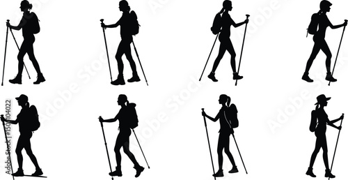 Hiker Silhouettes set. Silhouettes of climbers are isolated on a transparent background. Climber People with backpacks.