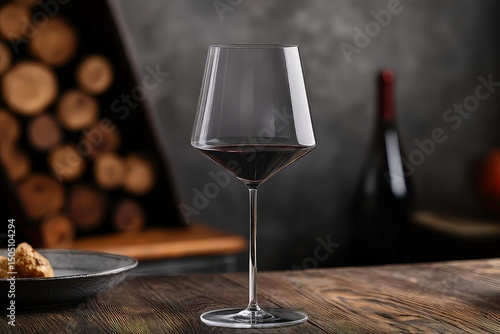 Elegant crystal wine glass with intricate cut patterns on wooden surface, illuminated by warm golden light for a sophisticated ambiance