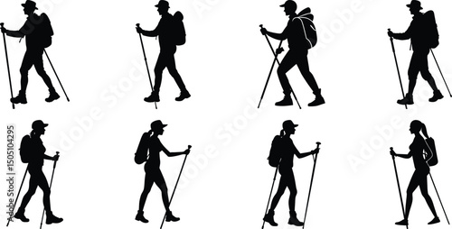 Hiker Silhouettes set. Silhouettes of climbers are isolated on a transparent background. Climber People with backpacks.