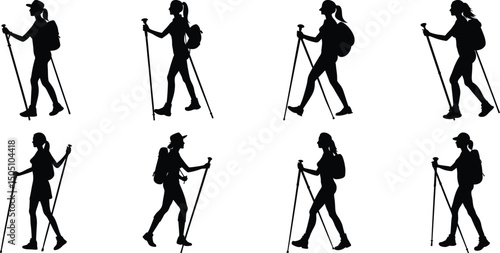 Hiker Silhouettes set. Silhouettes of climbers are isolated on a transparent background. Climber People with backpacks.