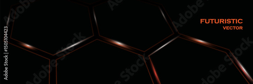 Dark hexagon abstract technology background with bright orange and white flashes under the hexagon. Abstract technology futuristic wide banner vector.