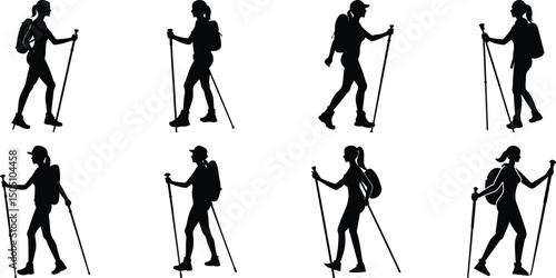 Hiker Silhouettes set. Silhouettes of climbers are isolated on a transparent background. Climber People with backpacks.
